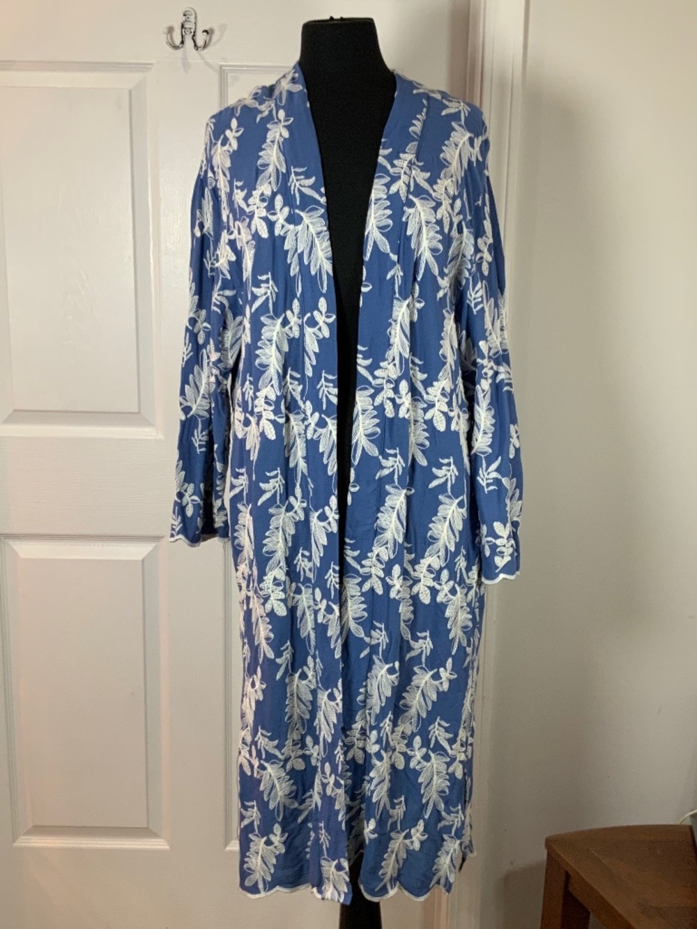 Anthropologie Solitaire Blue Floral Duster Kimono Boho Open Front Maxi Large